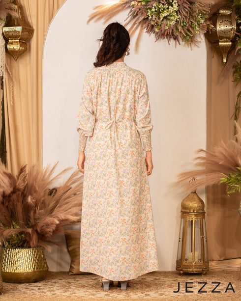 Printed Long Dress with Smocked Cuffs 60211